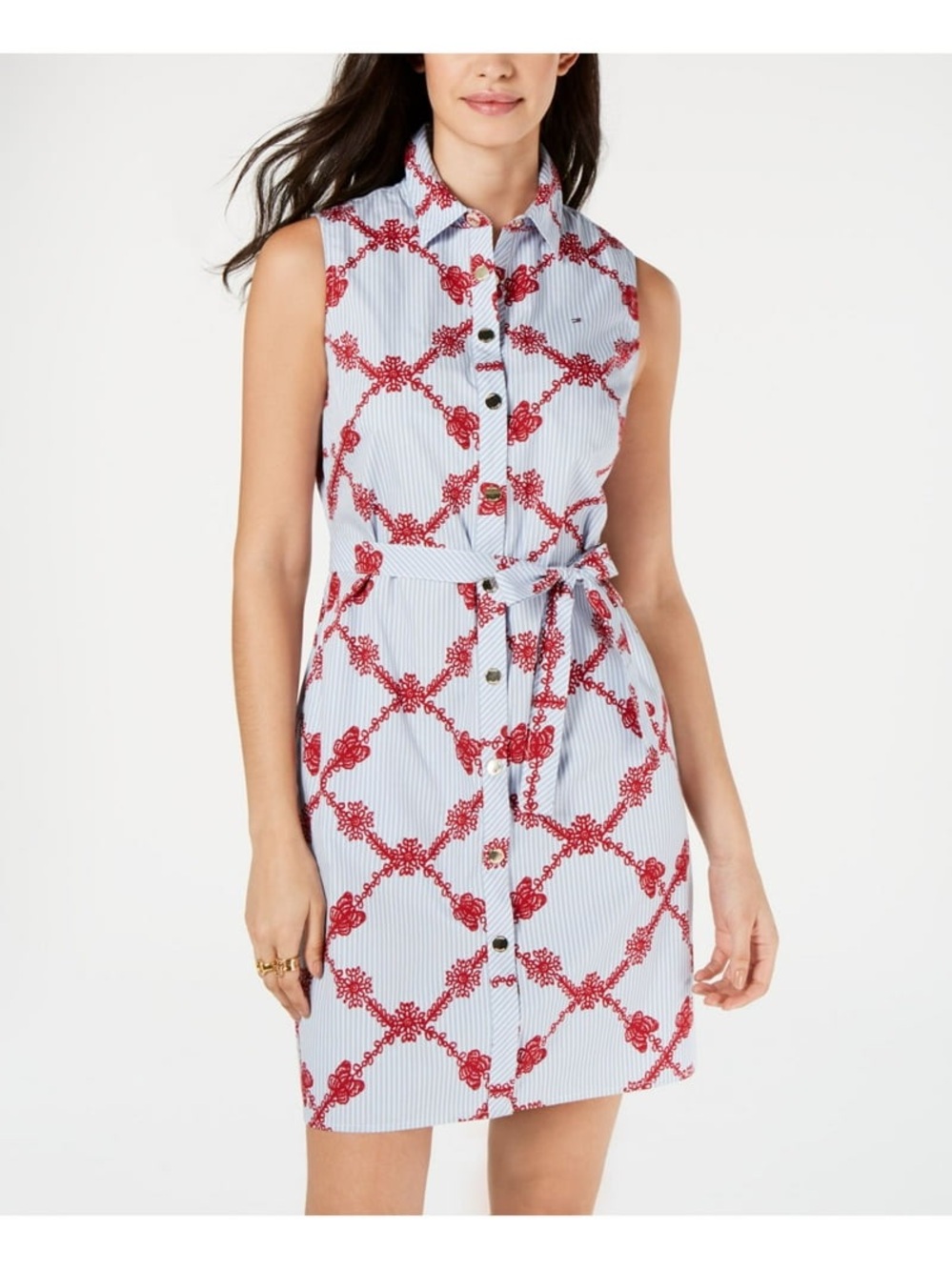 Tommy Hilfiger Blue White Pinstripe Red Embroidered Sleeveless Shirt Dress Sz 10 - Picture 2 of 11